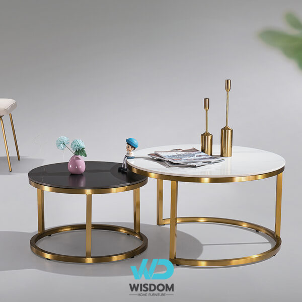 โต๊ะกลาง โต๊ะรับแขก โต๊ะกลางโซฟา โต๊ะกลางหินอ่อน รุ่นWisdom-coffeetable-024 - Topวัสดุหินอ่อนสังเคราะห์ ซ้อนเรียงเก็บได้ - โครงขาสแตนเลสทอง 