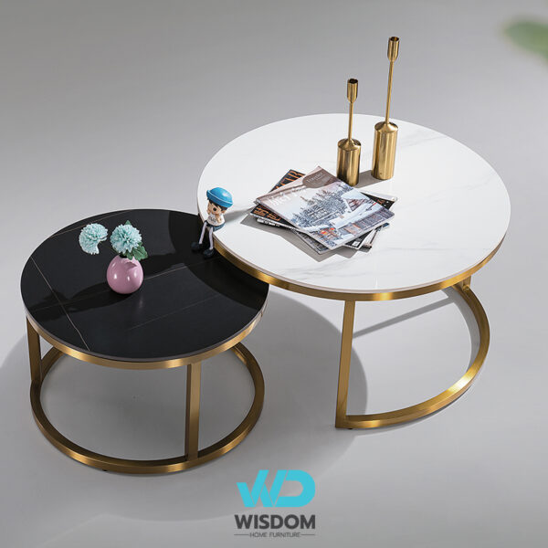 โต๊ะกลาง โต๊ะรับแขก โต๊ะกลางโซฟา โต๊ะกลางหินอ่อน รุ่นWisdom-coffeetable-024 - Topวัสดุหินอ่อนสังเคราะห์ ซ้อนเรียงเก็บได้ - โครงขาสแตนเลสทอง 